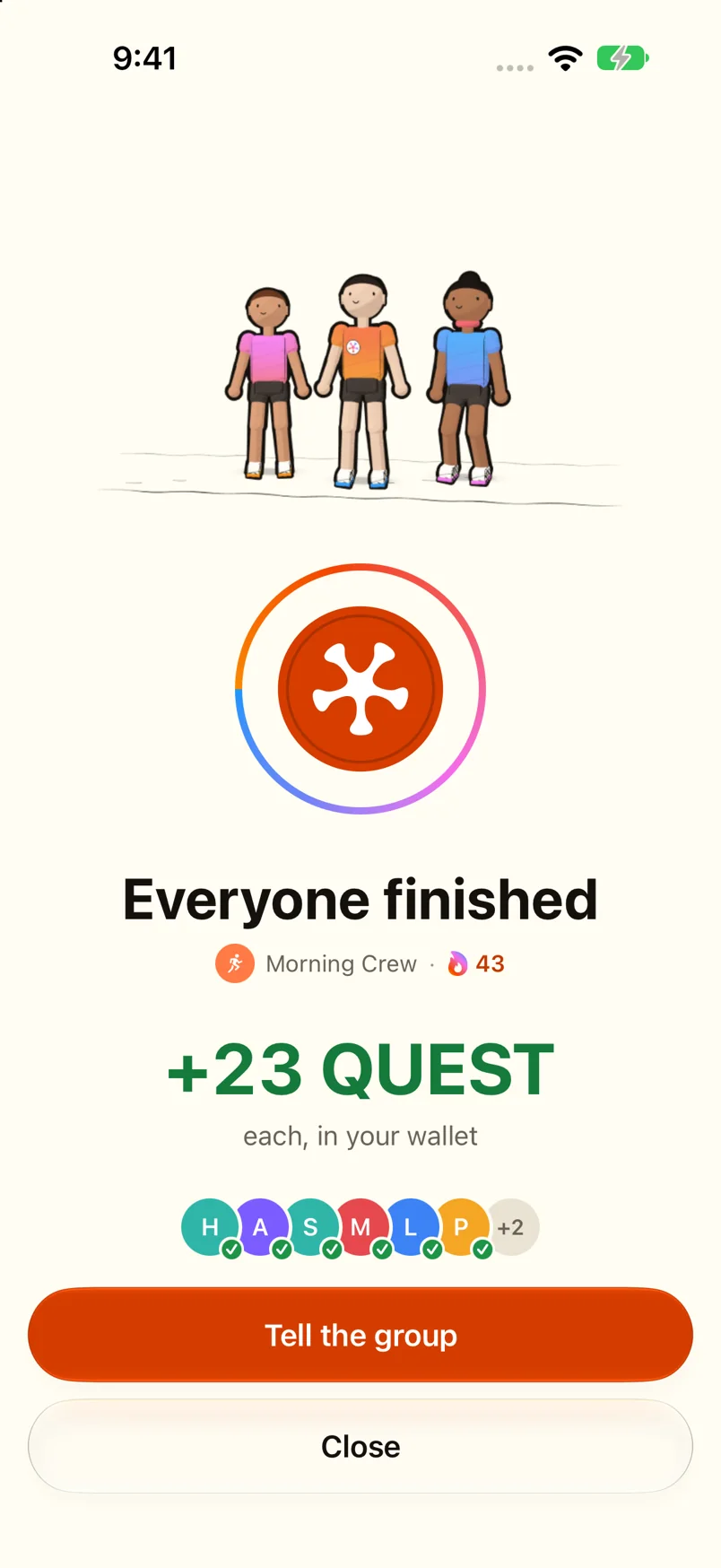 Everyone finished: +23 QUEST each, in your wallet