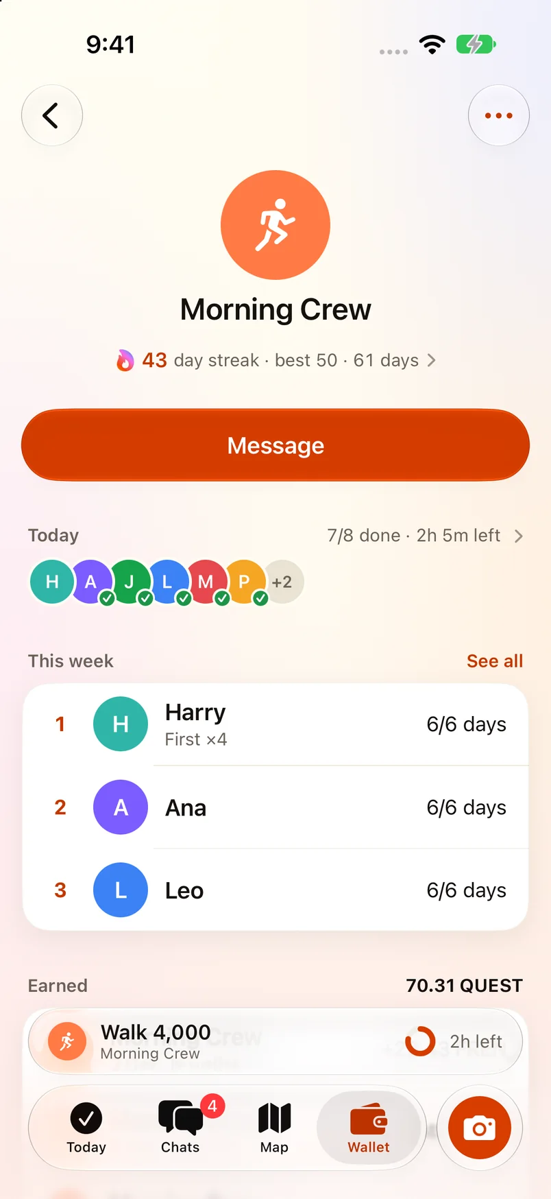 A group page: 43-day streak, who's done and what the group earned