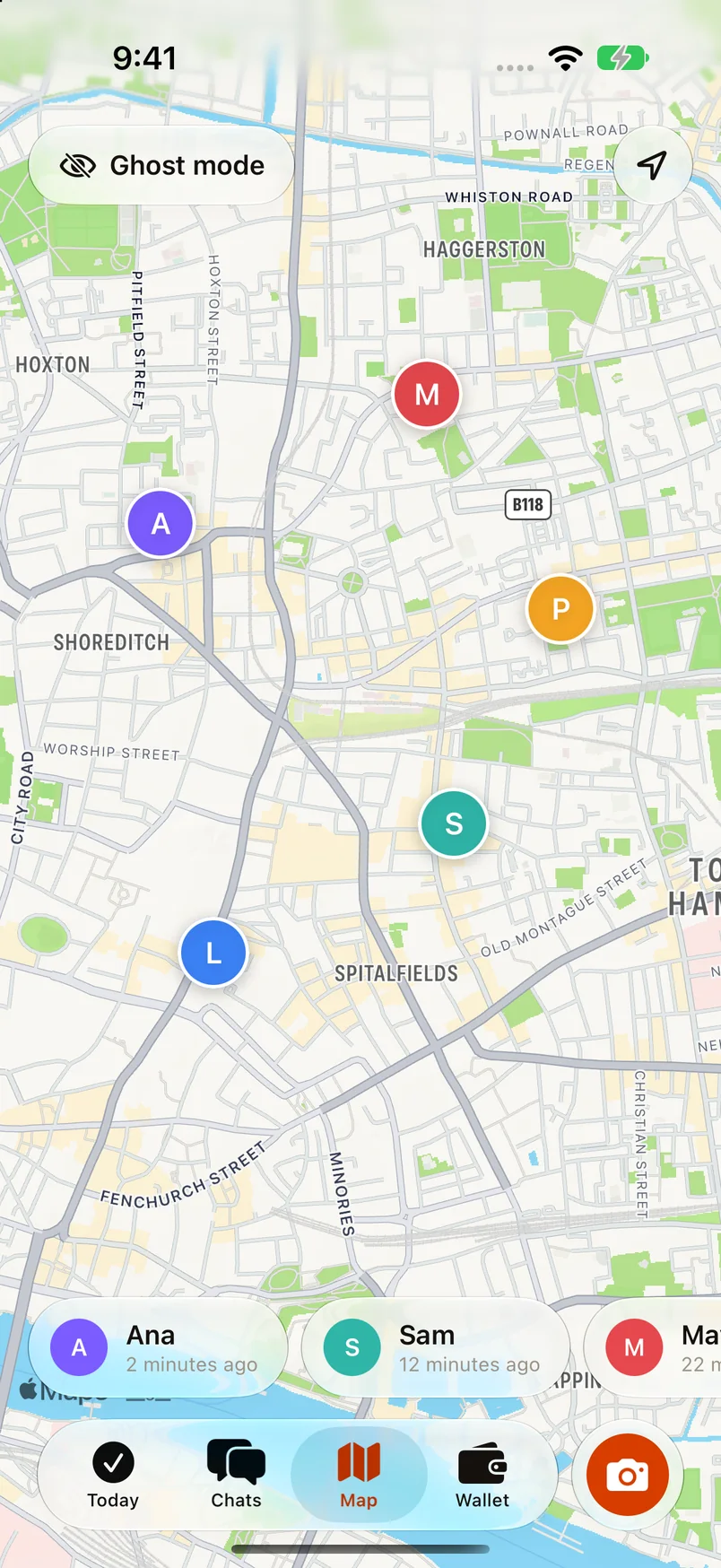 The group map with friends' pins